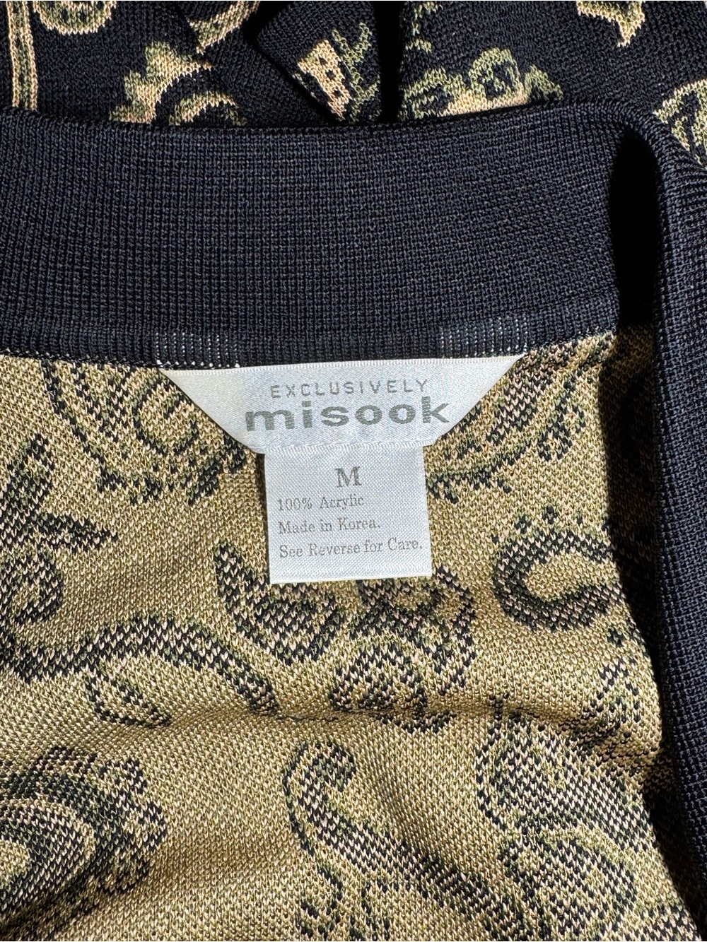 Vintage Exclusively Misook Black Tan Green Paisley Full Zip Cardigan size Medium - Picture 5 of 7